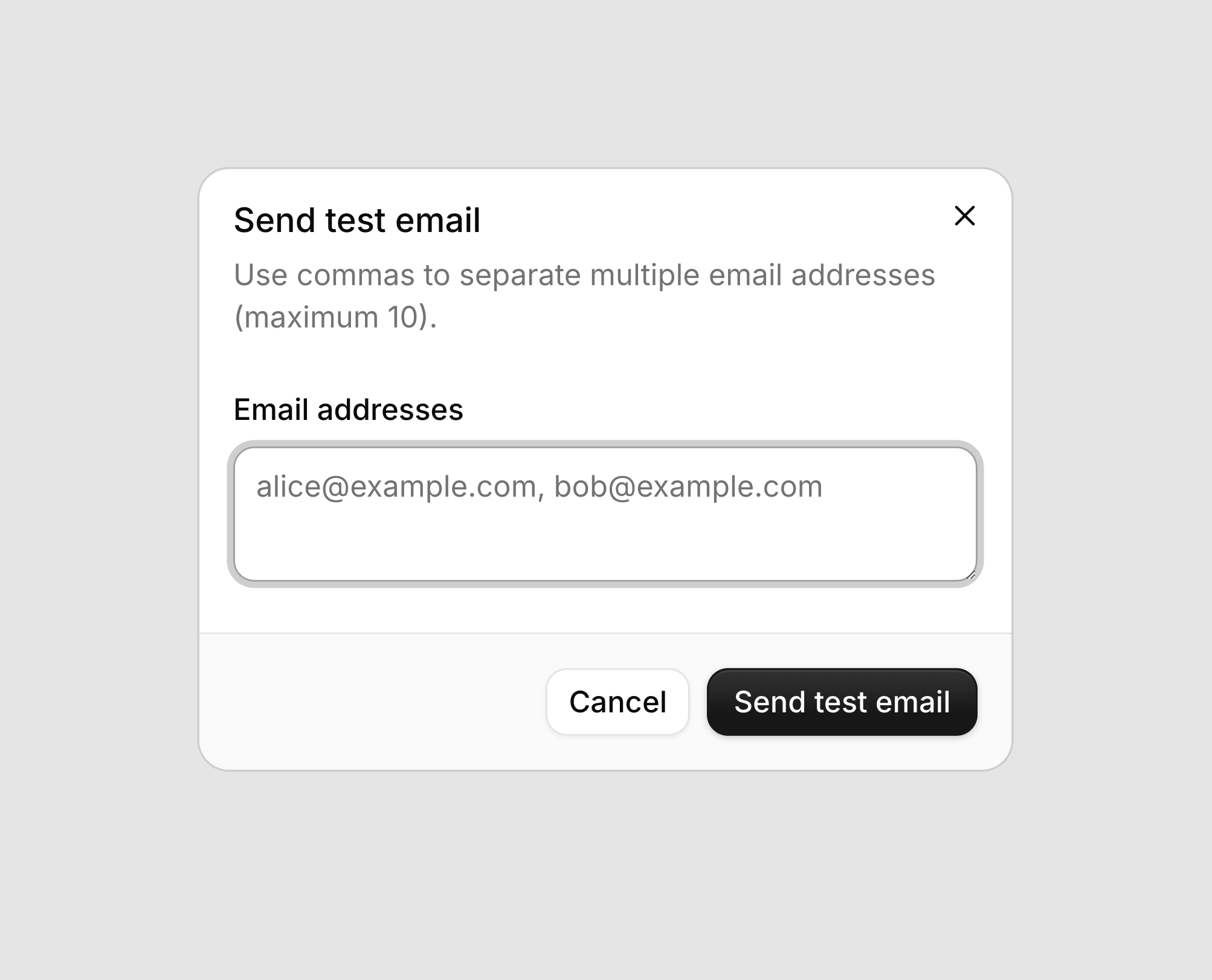 Test email dialog